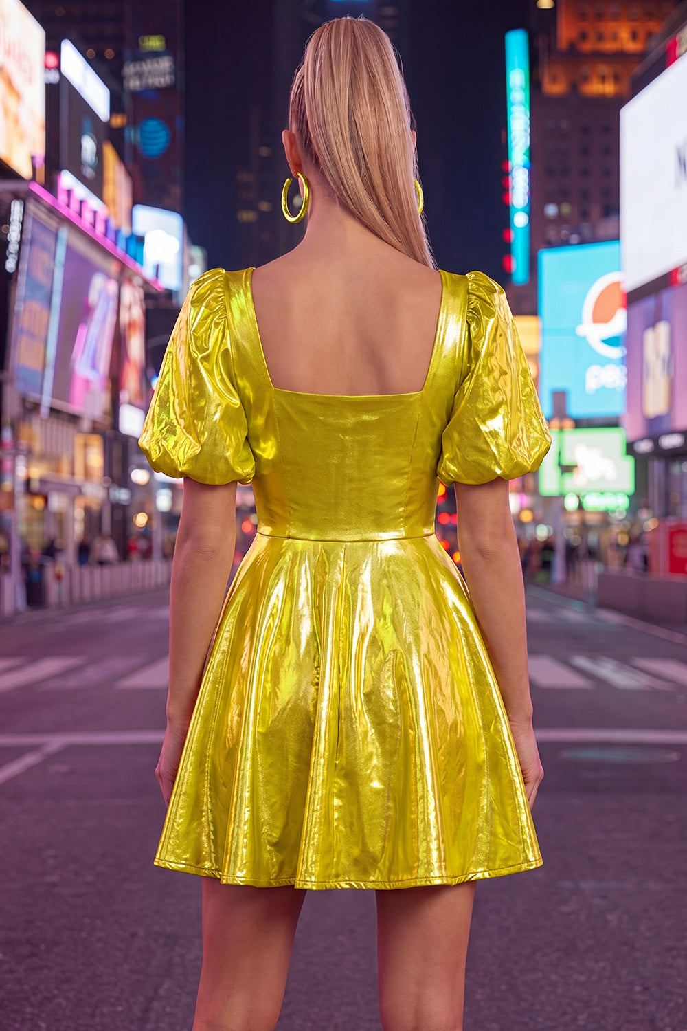 Yellow Metallic A-Line Square Neck Homecoming Dress with Puff Sleeves