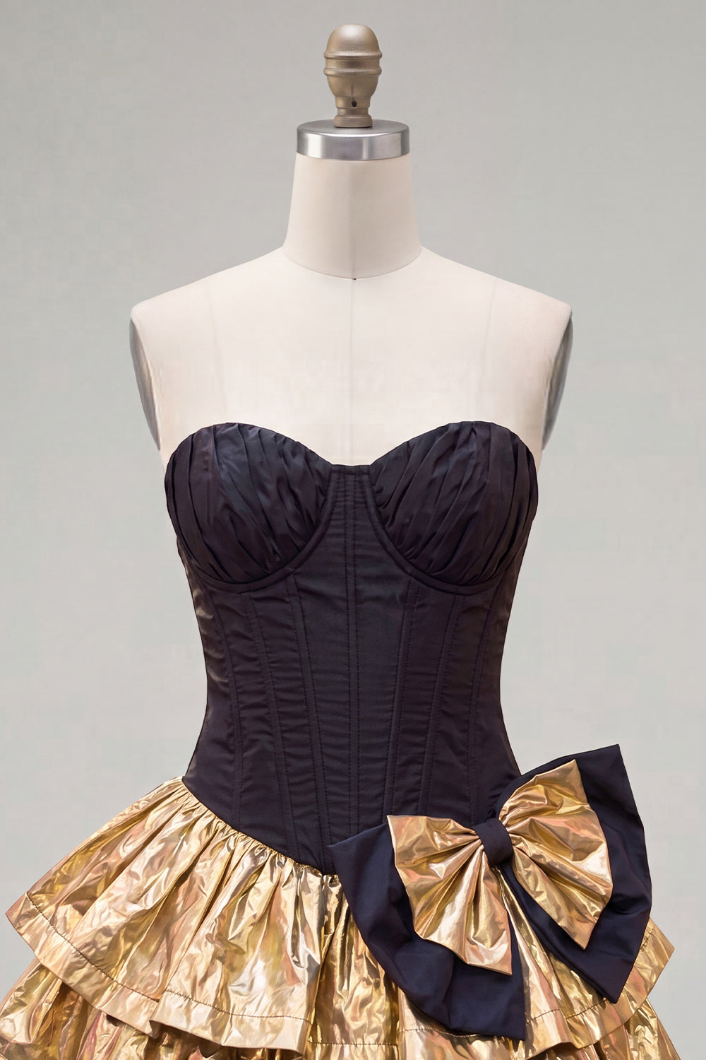 A-Line Black Golden Tiered Sweetheart Corset Homecoming Dress with Bow