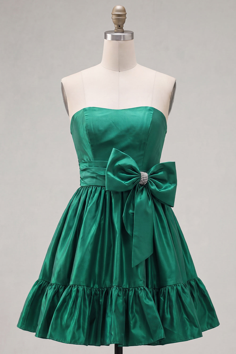 Strapless Dark Green A-Line Ruffles Homecoming Dress with Bow