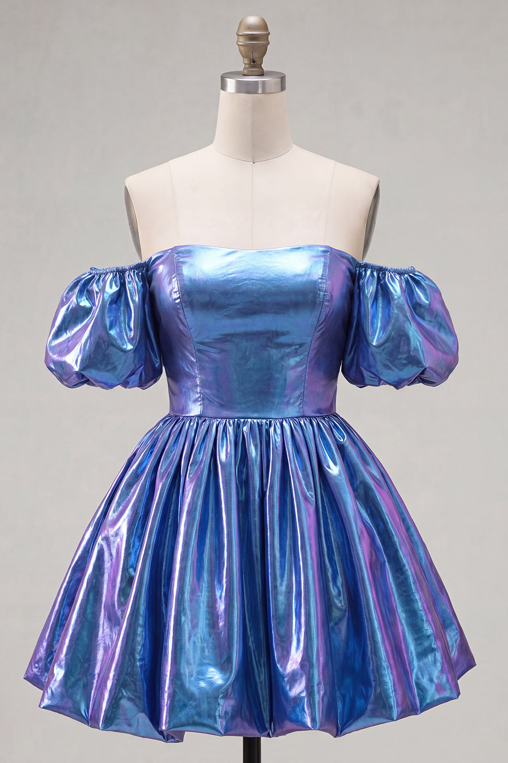 Robe de bal bustier bleue trapèze métallisée à manches bouffantes