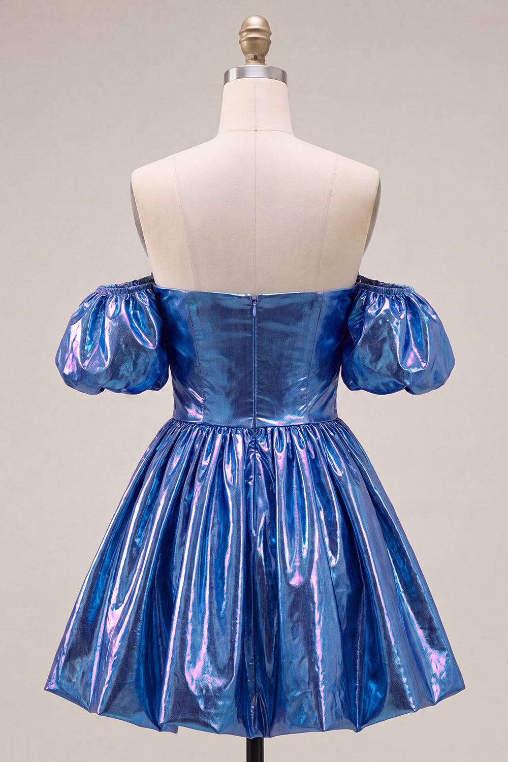 Robe de bal bustier bleue trapèze métallisée à manches bouffantes