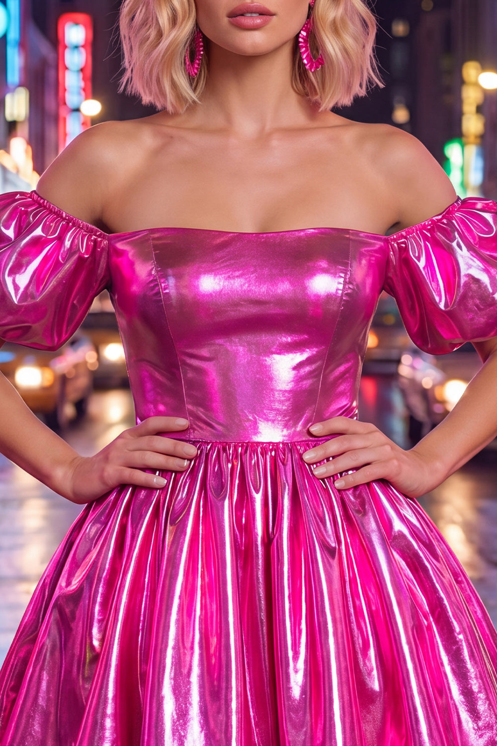 Robe de bal bustier bleue trapèze métallisée à manches bouffantes