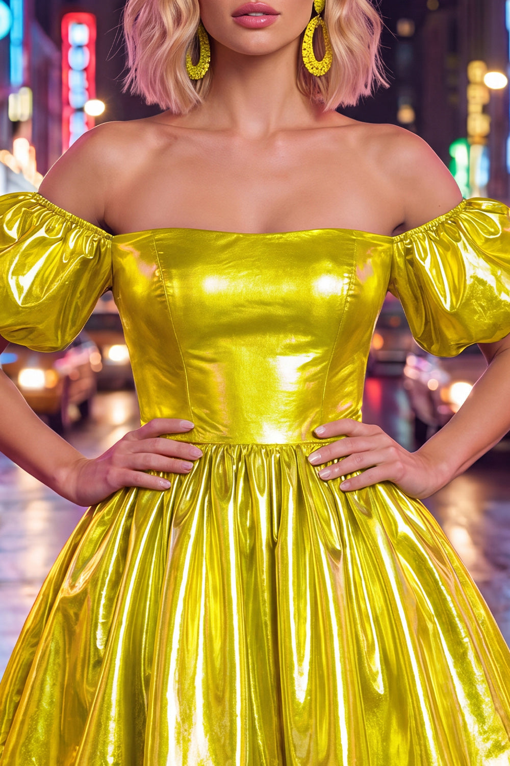 Robe de bal bustier bleue trapèze métallisée à manches bouffantes