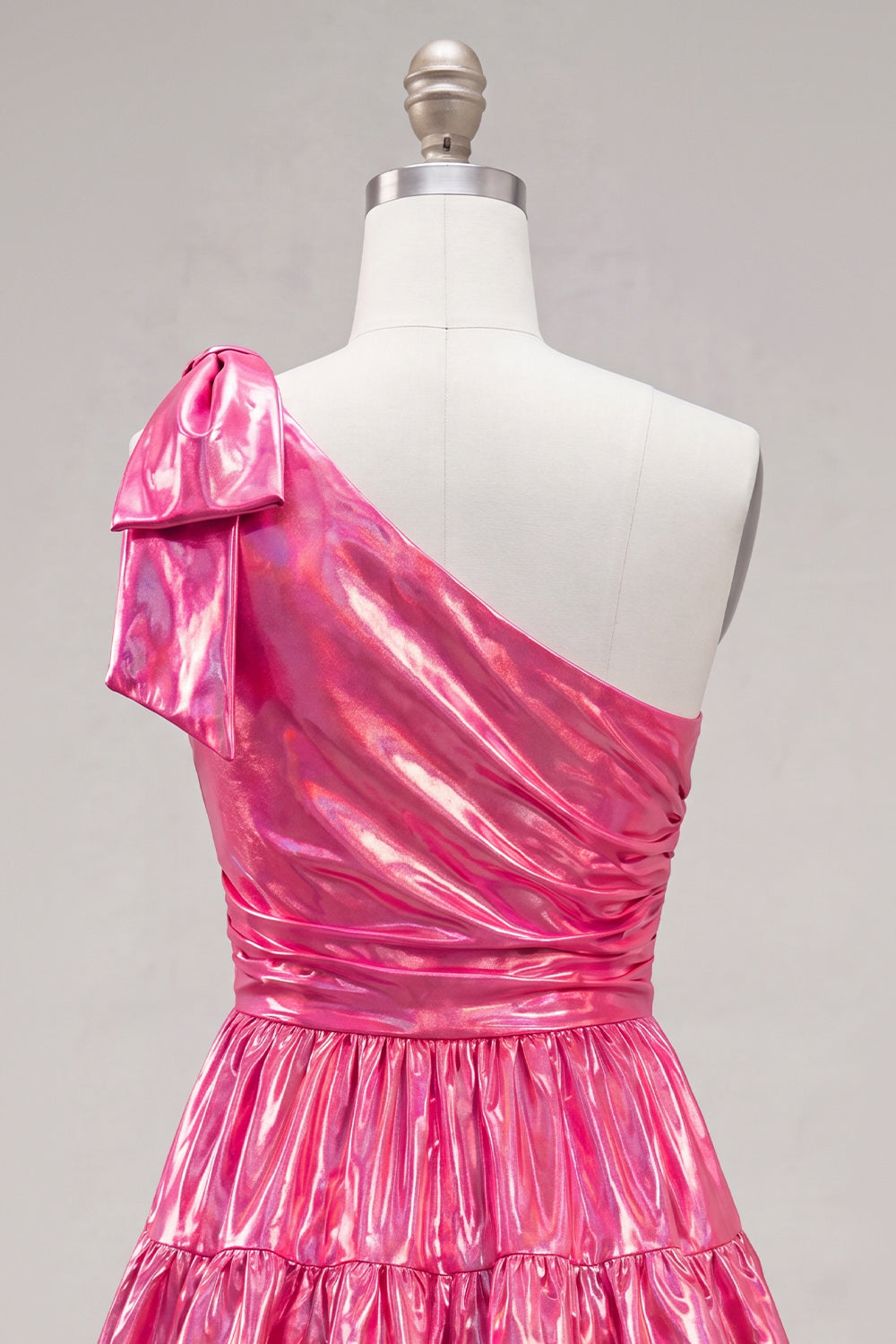 One Shoulder Fuchsia A-Line Metallic Tiered Ruched Homecoming Dress with Bow