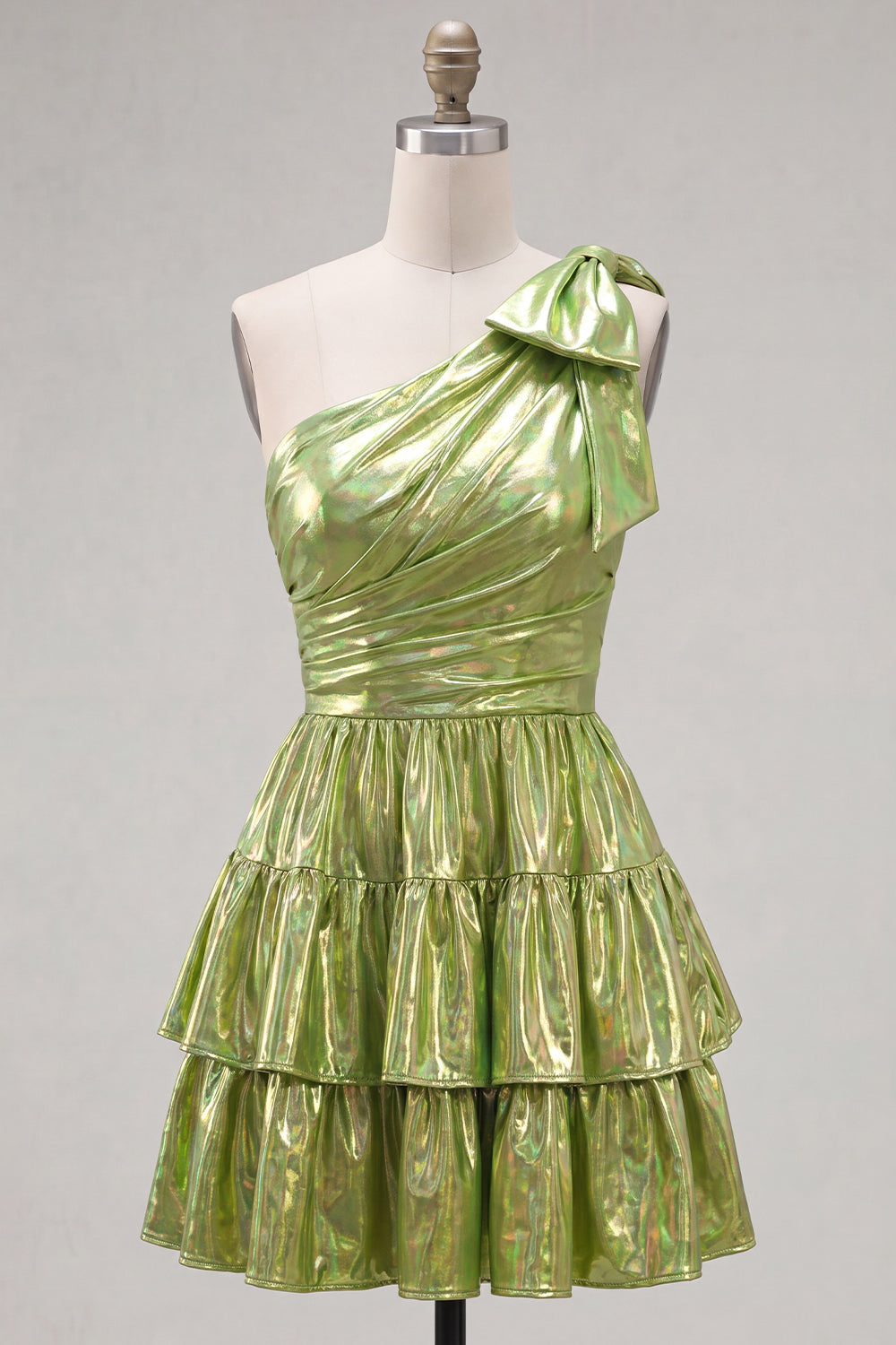 One Shoulder Fuchsia A-Line Metallic Tiered Ruched Homecoming Dress with Bow