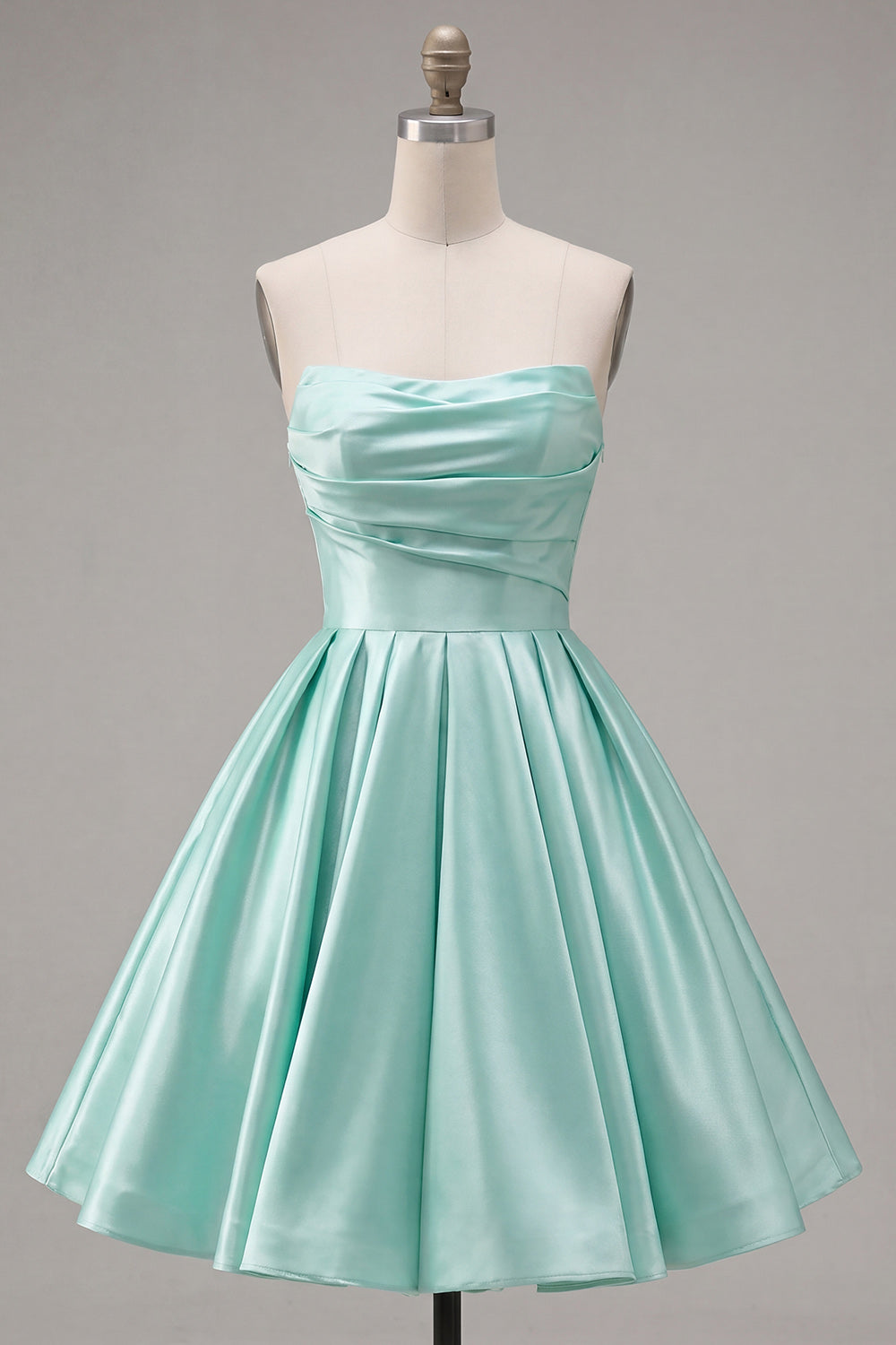Robe de cocktail bustier froncée en satin trapèze vert menthe