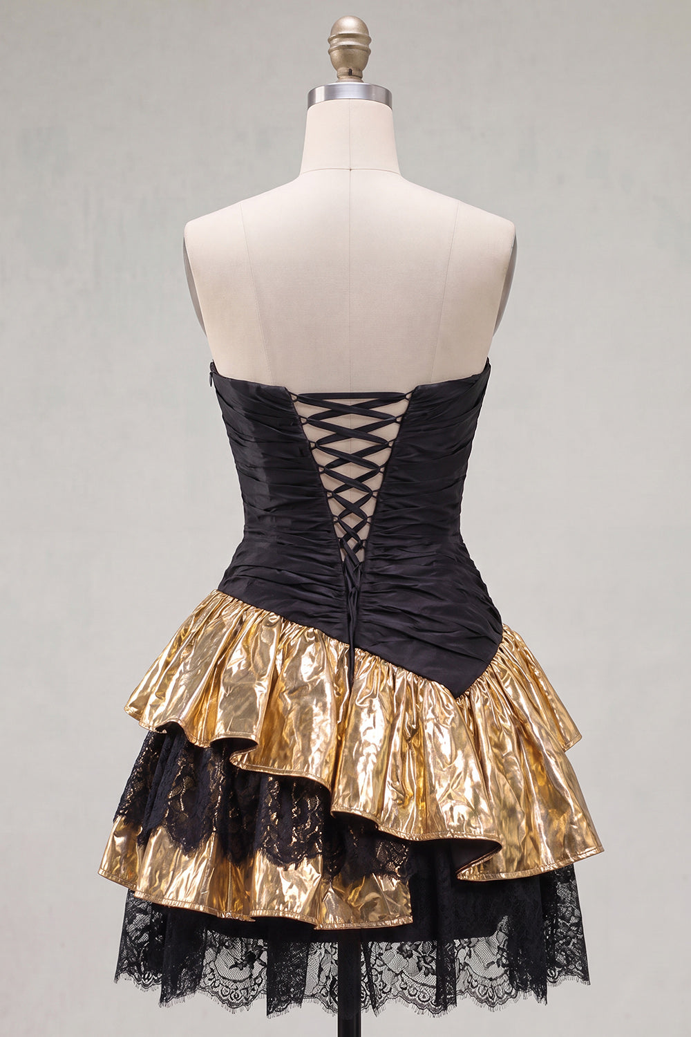 Black Golden A-Line Tiered Strapless Ruffle Short Homecoming Dress with Lace Up Back