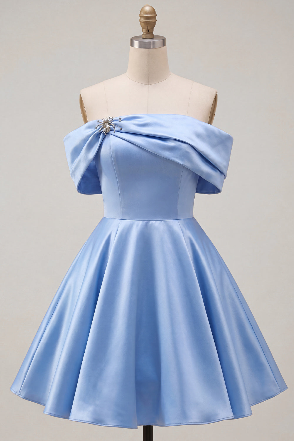 Blue A-Line Off the Shoulder Ruched Satin Homecoming Dress with Beading
