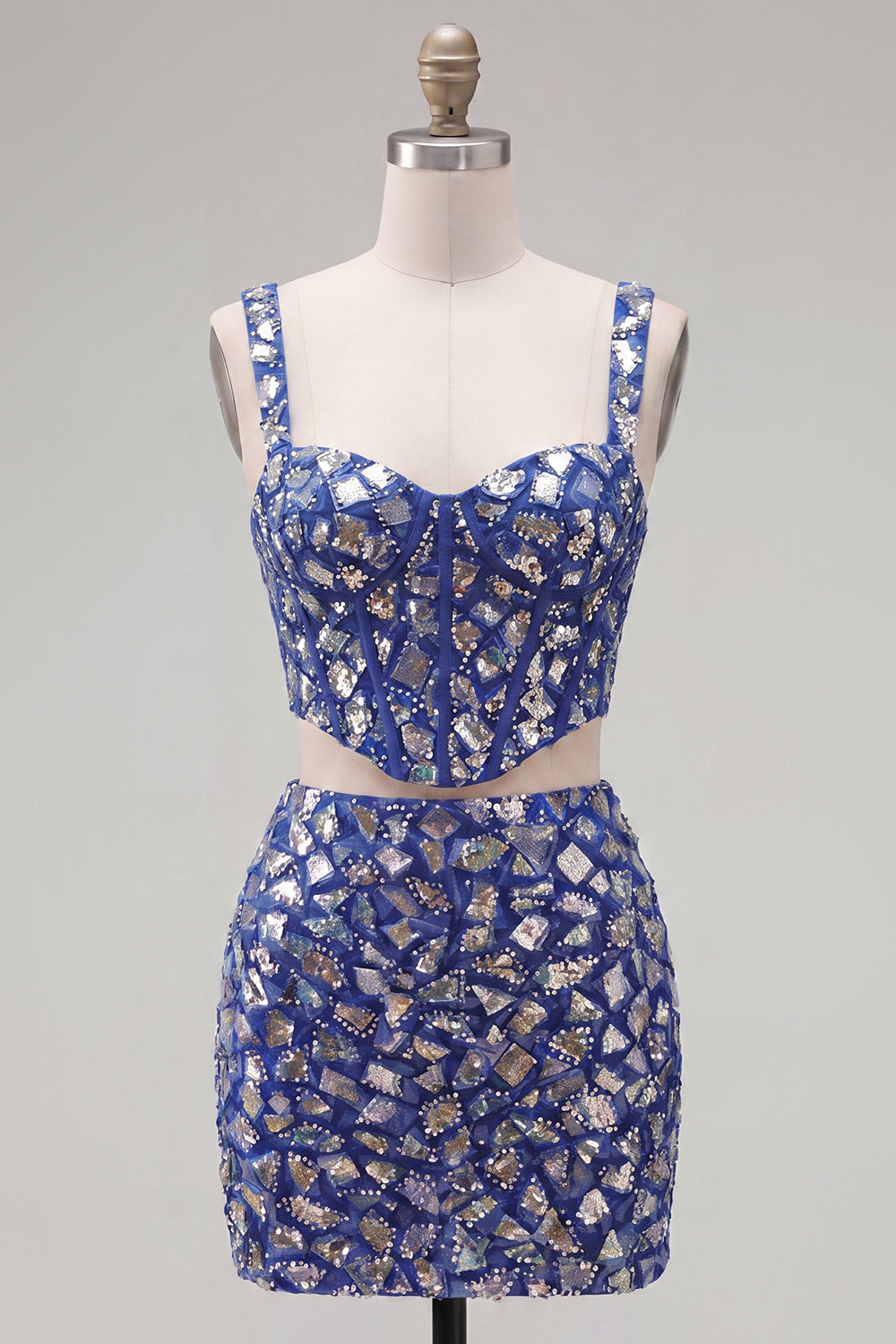 Robe de bal de fin d'année moulante 2 pièces bleu foncé avec strass
