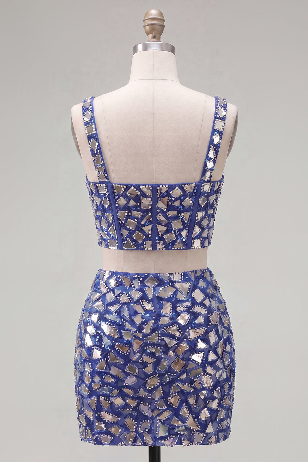 Robe de bal de fin d'année moulante 2 pièces bleu foncé avec strass