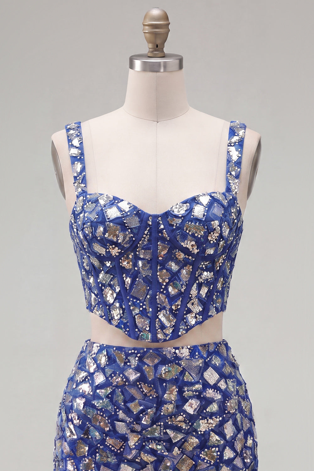 Robe de bal de fin d'année moulante 2 pièces bleu foncé avec strass