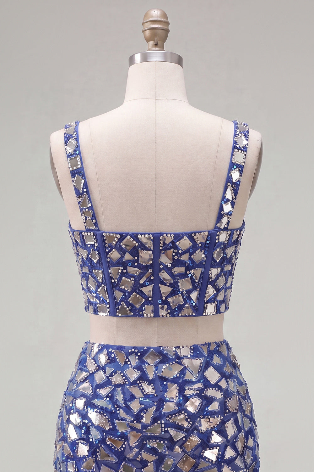 Robe de bal de fin d'année moulante 2 pièces bleu foncé avec strass