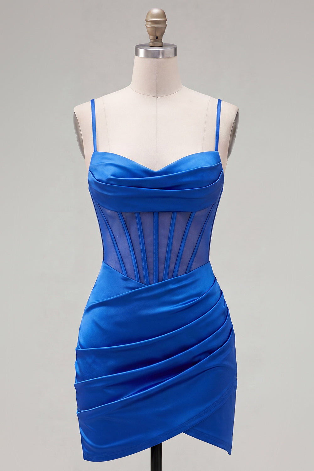 Satin Royal Blue Bodycon Sheer Corset Spaghetti Straps Ruched Homecoming Dress