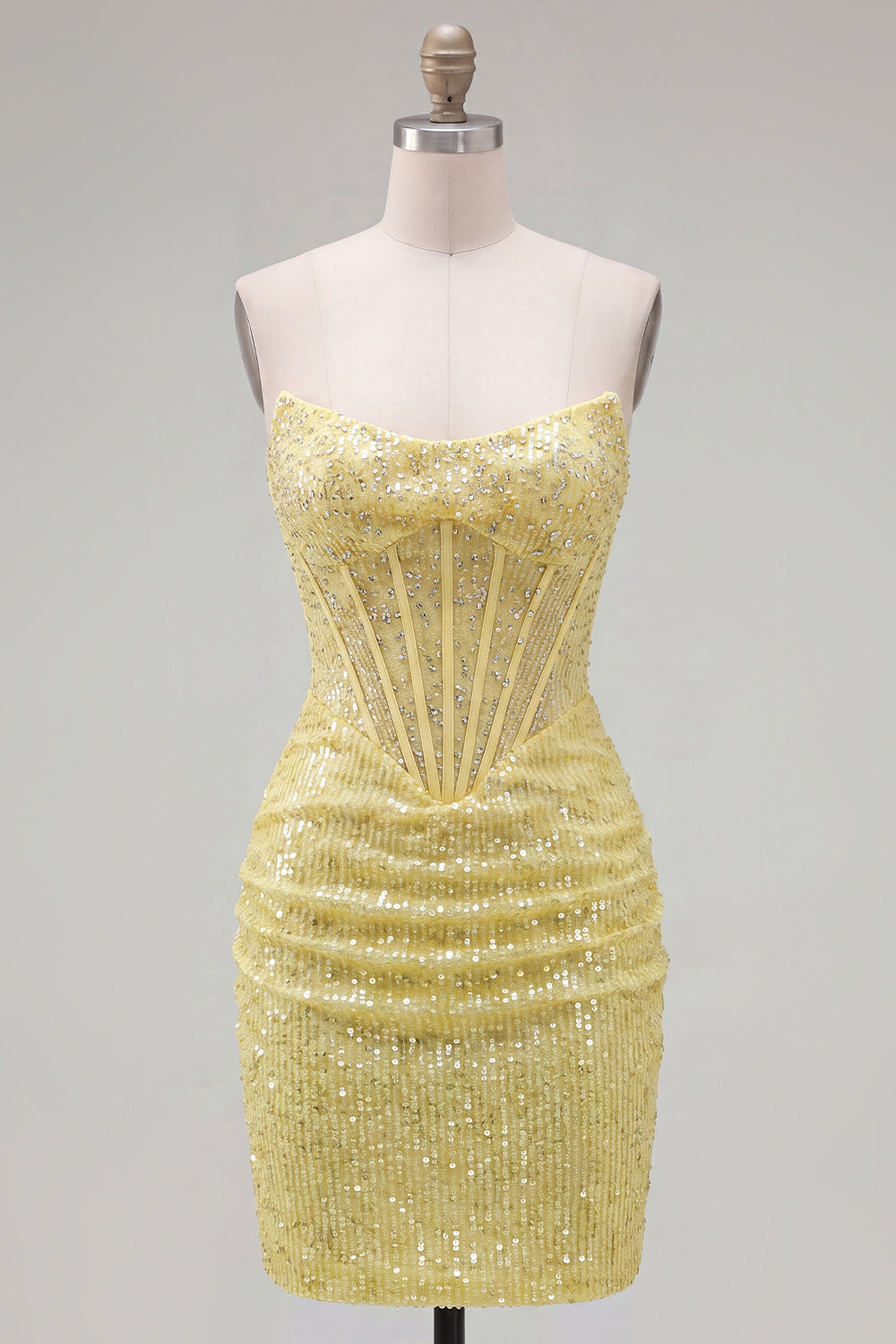 Sparkly Yellow Bodycon Strapless Corset Lace Up Back Sequins Homecoming Dress with Beading