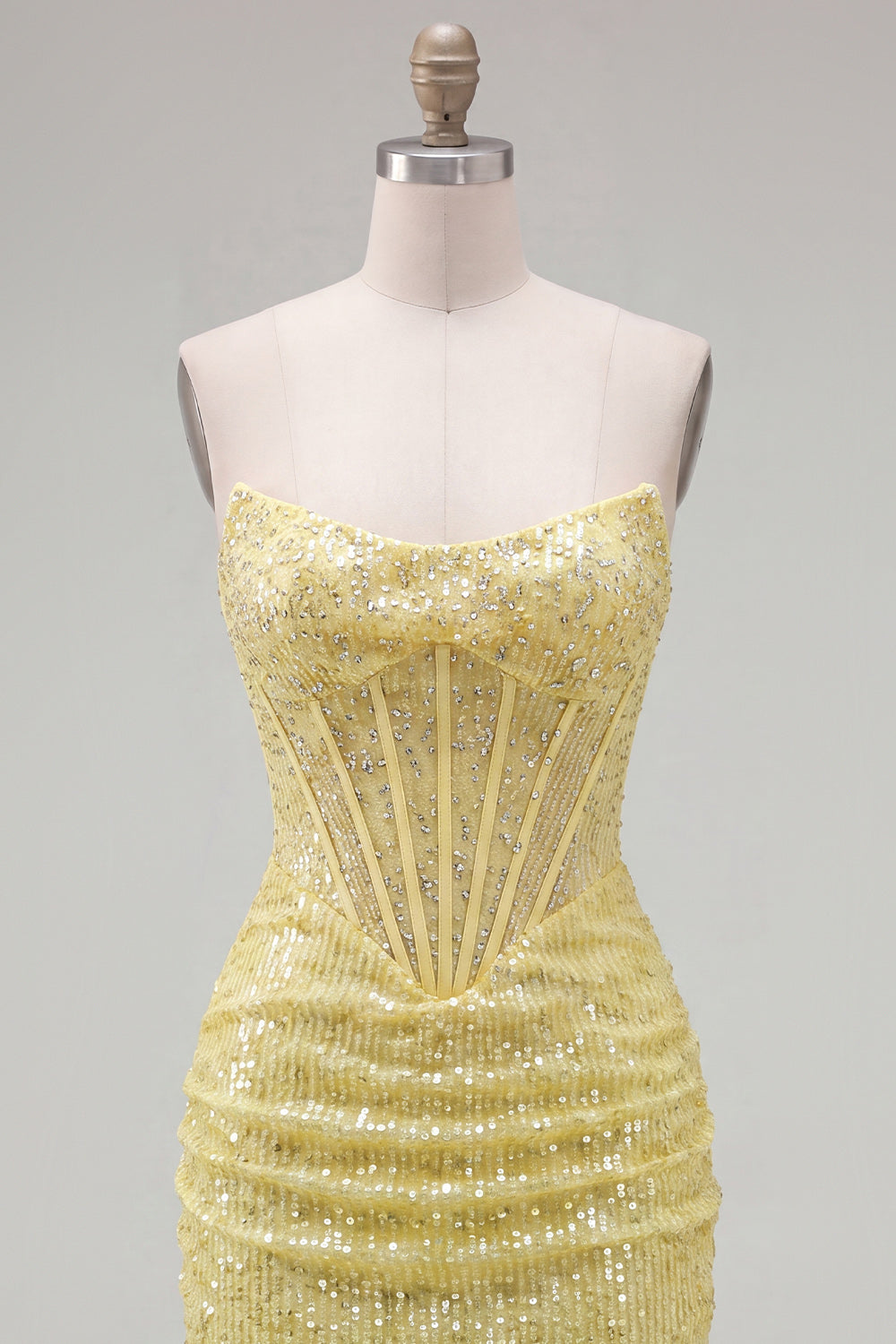 Sparkly Yellow Bodycon Strapless Corset Lace Up Back Sequins Homecoming Dress with Beading