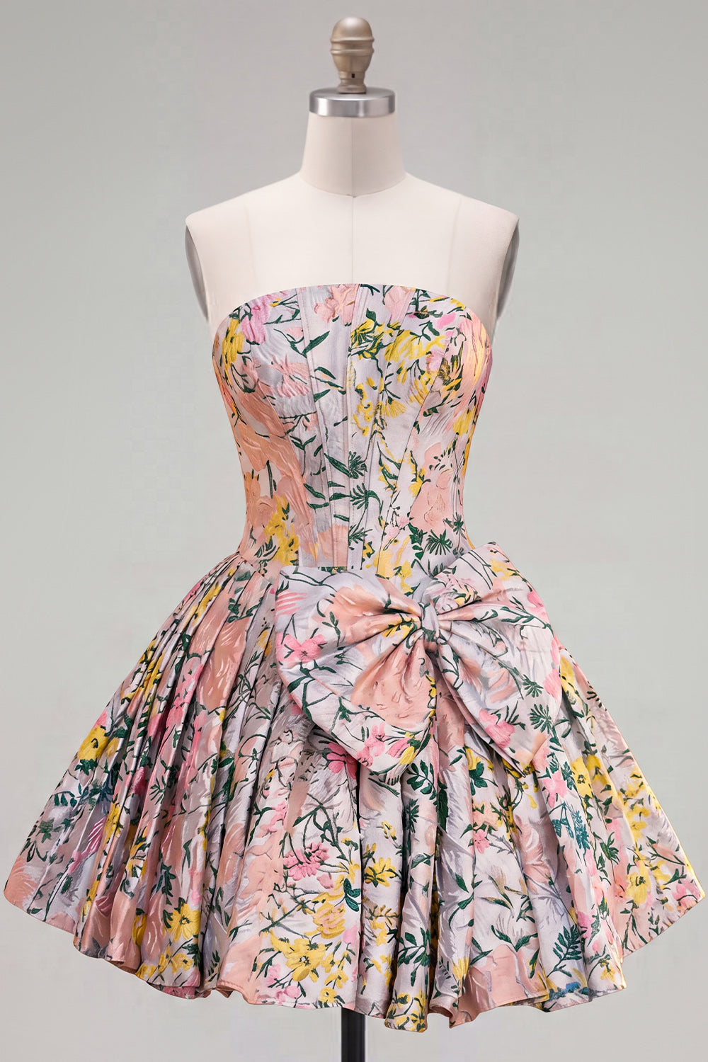 Robe de bal de rentrée jacquard sans bretelles gris ligne A corset floral avec nœud