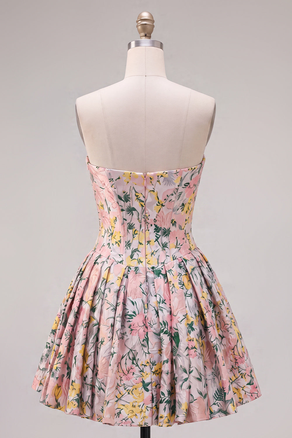 Robe de bal de rentrée jacquard sans bretelles gris ligne A corset floral avec nœud