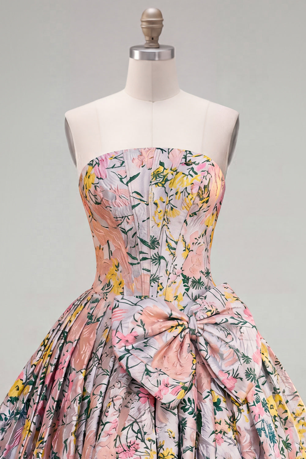 Robe de bal de rentrée jacquard sans bretelles gris ligne A corset floral avec nœud