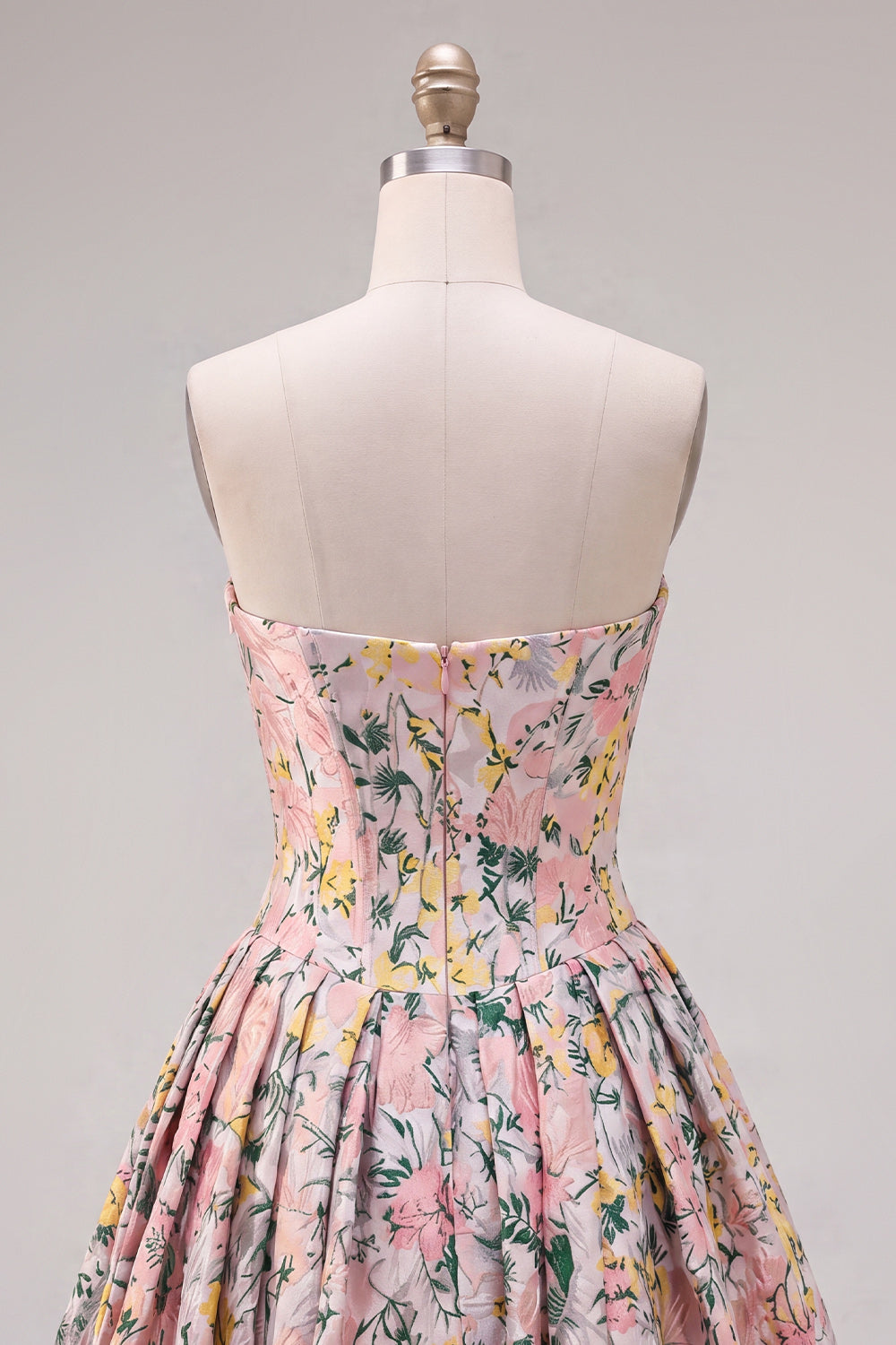 Robe de bal de rentrée jacquard sans bretelles gris ligne A corset floral avec nœud