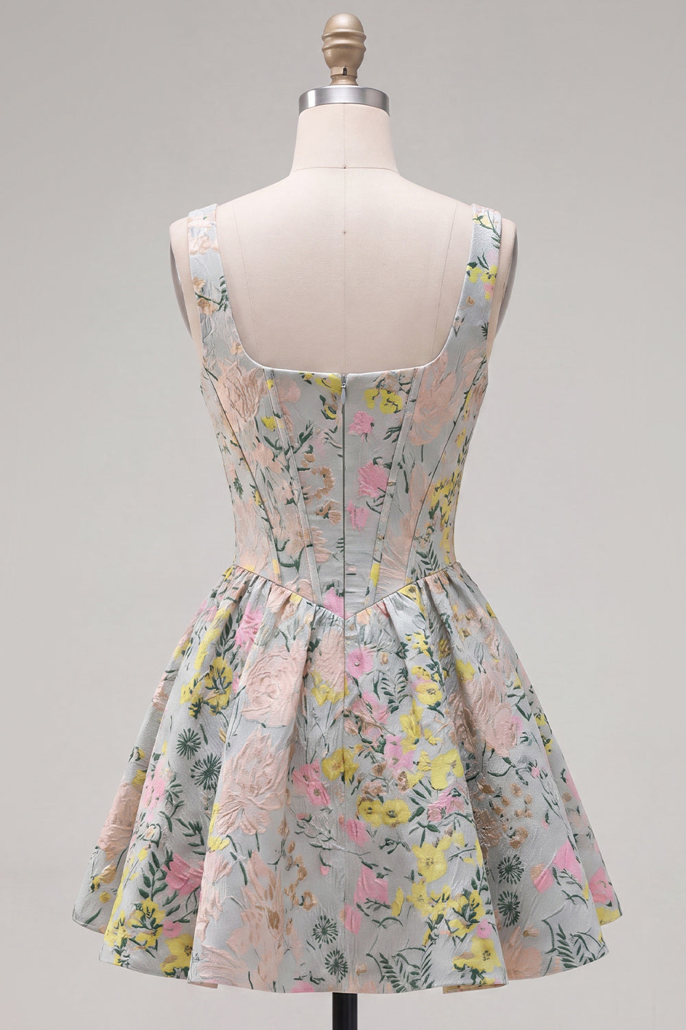 Grey Square Neck A-Line Floral Corset Jacquard Homecoming Dress