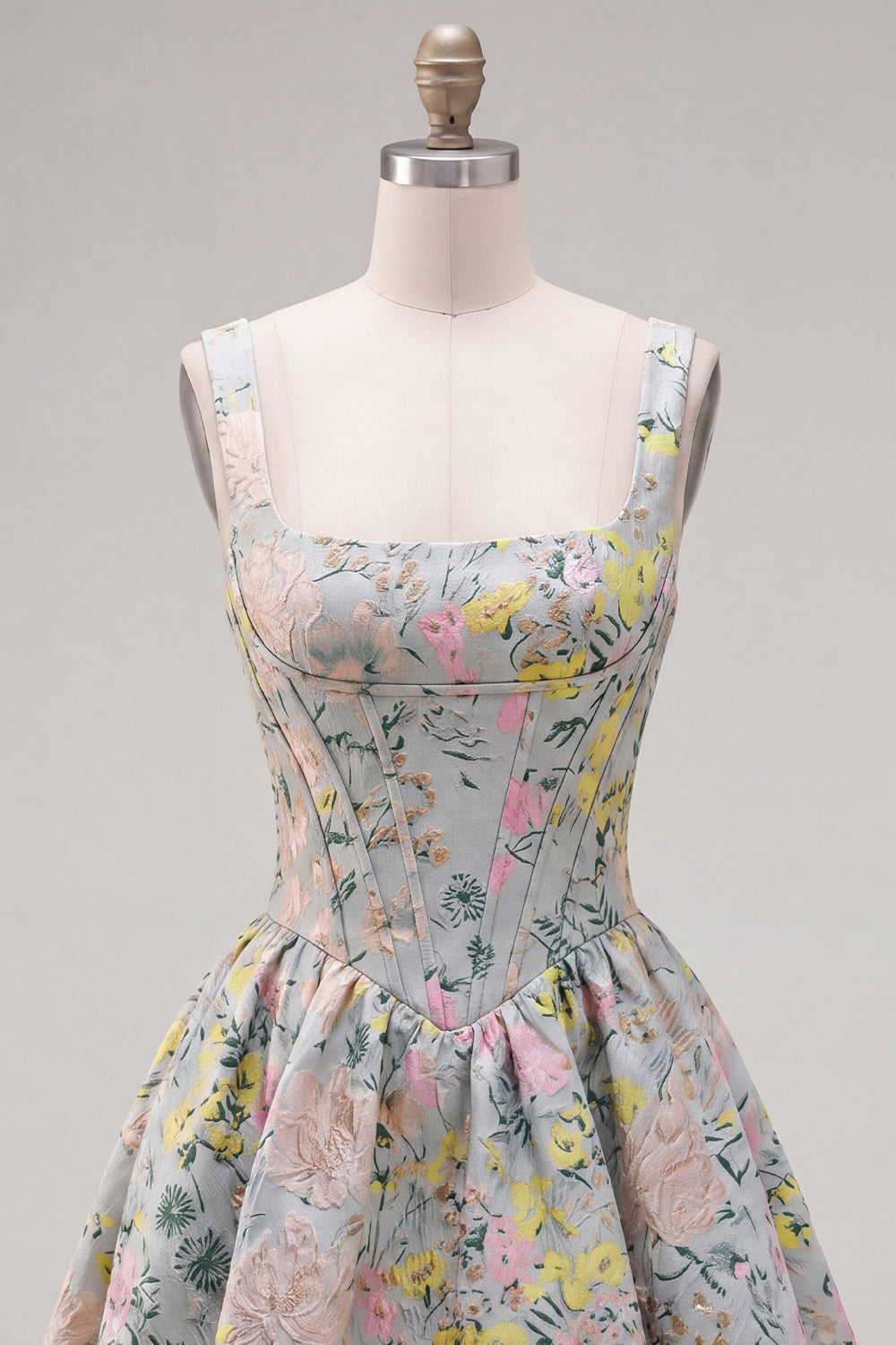 Grey Square Neck A-Line Floral Corset Jacquard Homecoming Dress