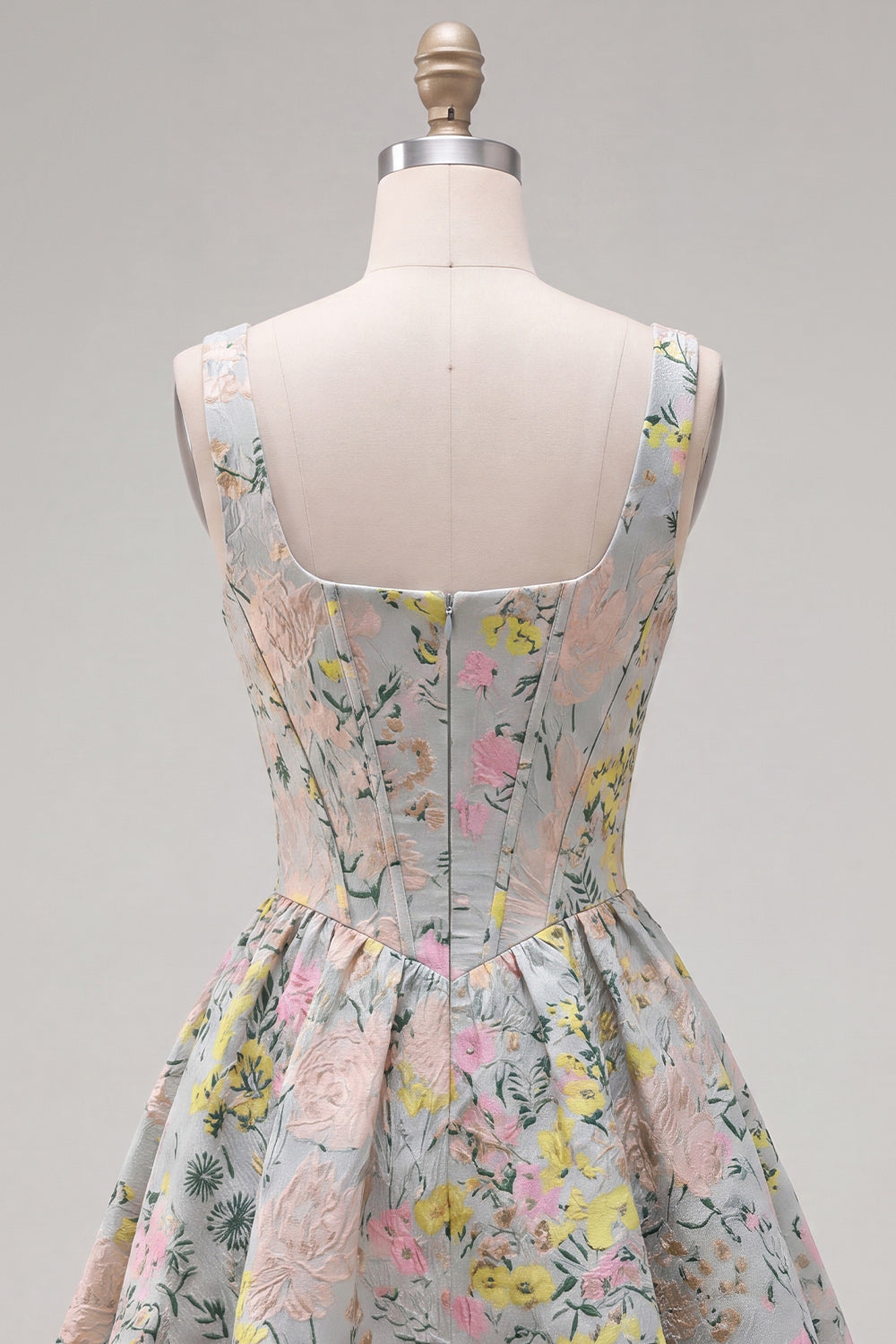 Grey Square Neck A-Line Floral Corset Jacquard Homecoming Dress