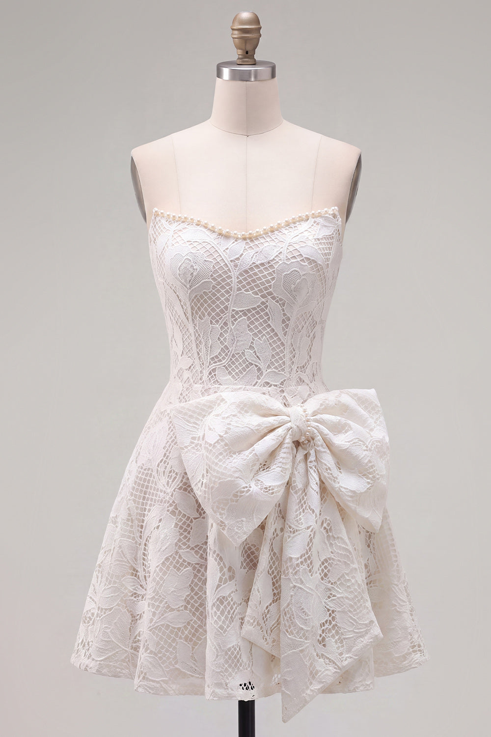 Strapless White A-Line Floral Pearl Lace Short Homecoming Dress with Bow