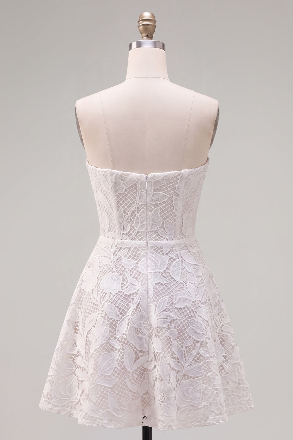 Strapless White A-Line Floral Pearl Lace Short Homecoming Dress with Bow