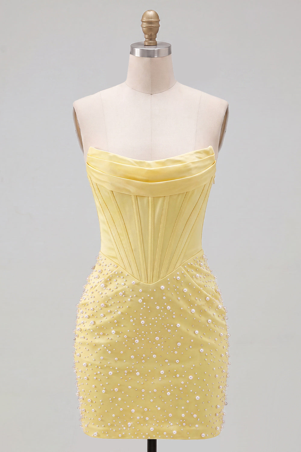 Strapless Yellow Corset Pearl Bodycon Homecoming Dress