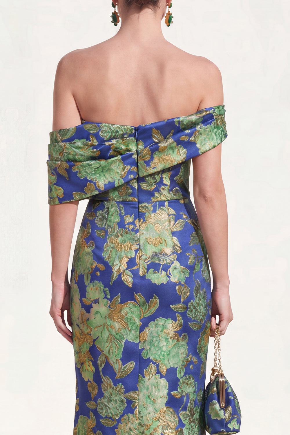 Off the Shoulder Navy Green Mermaid Jacquard Floral Long Mother Of the Bride Dress