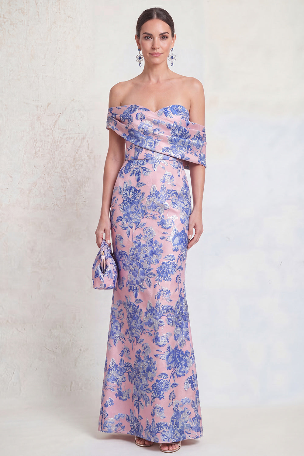 Off the Shoulder Navy Green Mermaid Jacquard Floral Long Mother Of the Bride Dress