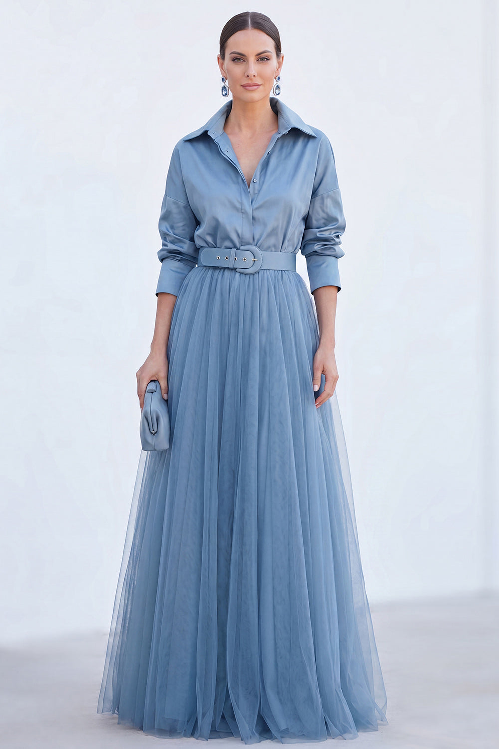 A-Line Gray Blue Tulle Long Mother Of the Bride Dress with Belt