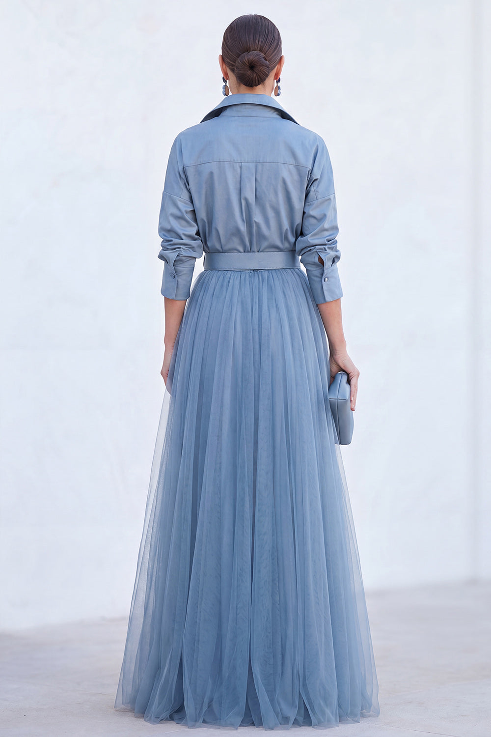 A-Line Gray Blue Tulle Long Mother Of the Bride Dress with Belt