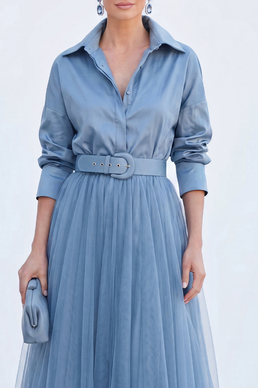 A-Line Gray Blue Tulle Long Mother Of the Bride Dress with Belt