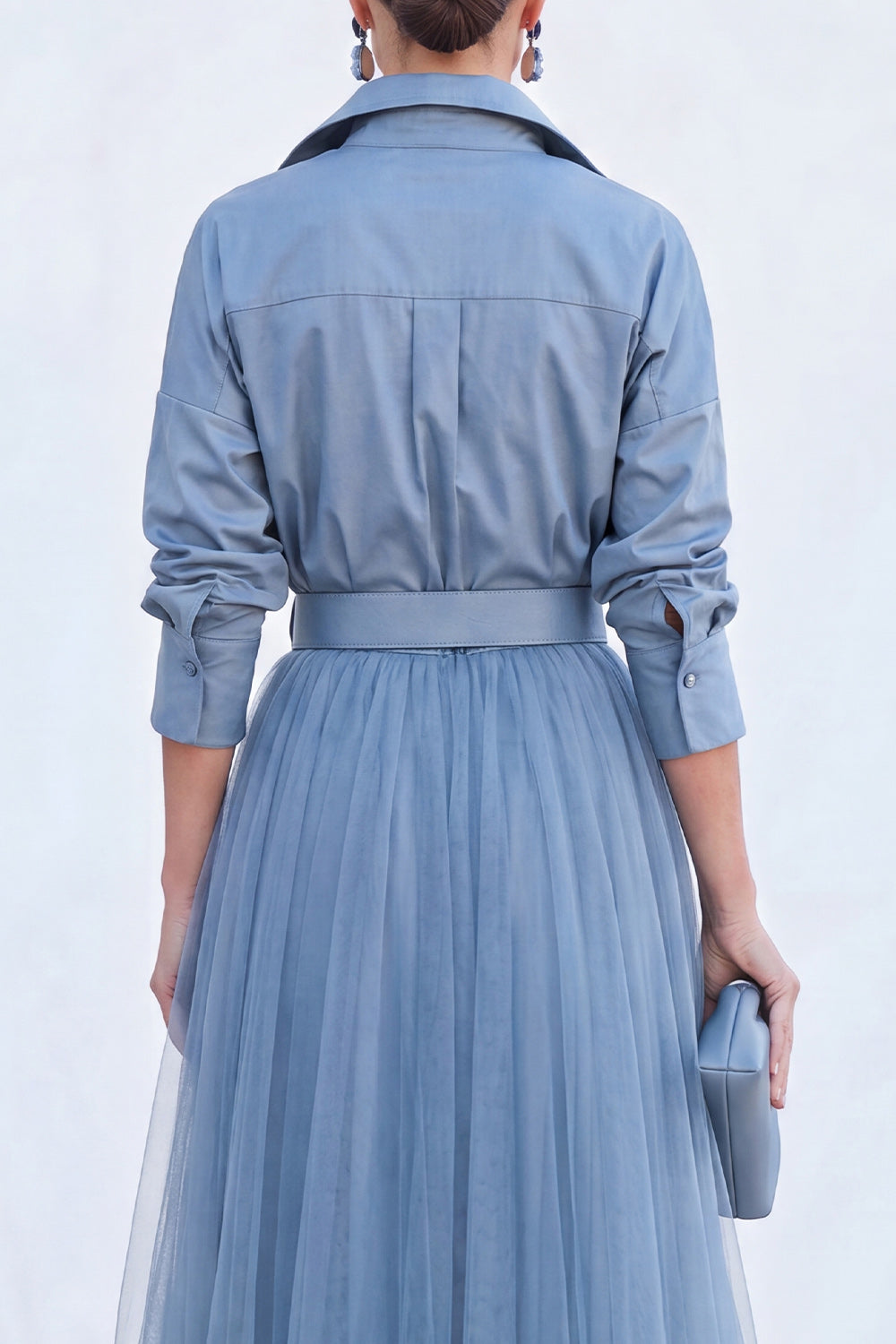 A-Line Gray Blue Tulle Long Mother Of the Bride Dress with Belt