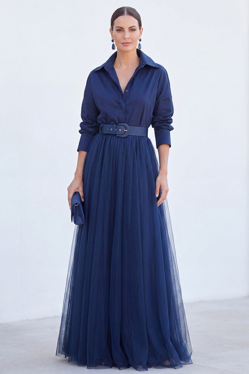 A-Line Gray Blue Tulle Long Mother Of the Bride Dress with Belt