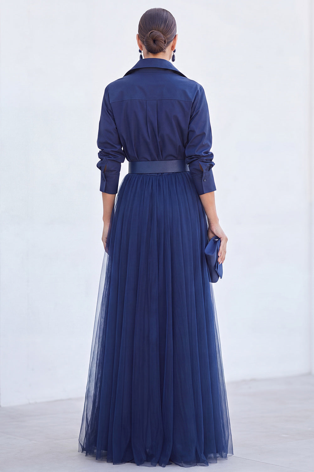 A-Line Gray Blue Tulle Long Mother Of the Bride Dress with Belt