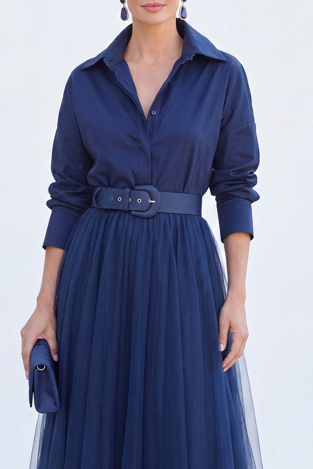 A-Line Gray Blue Tulle Long Mother Of the Bride Dress with Belt