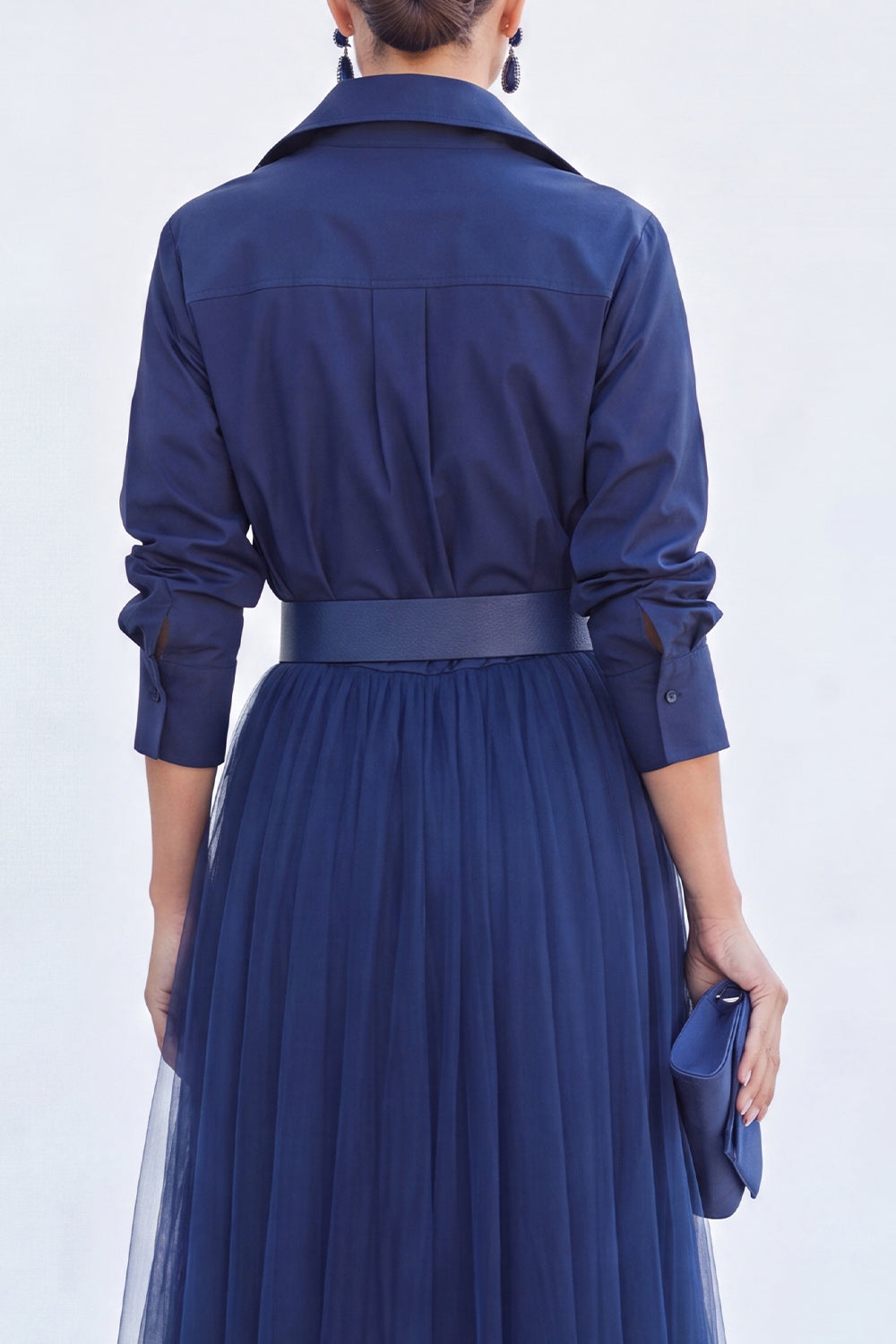 A-Line Gray Blue Tulle Long Mother Of the Bride Dress with Belt