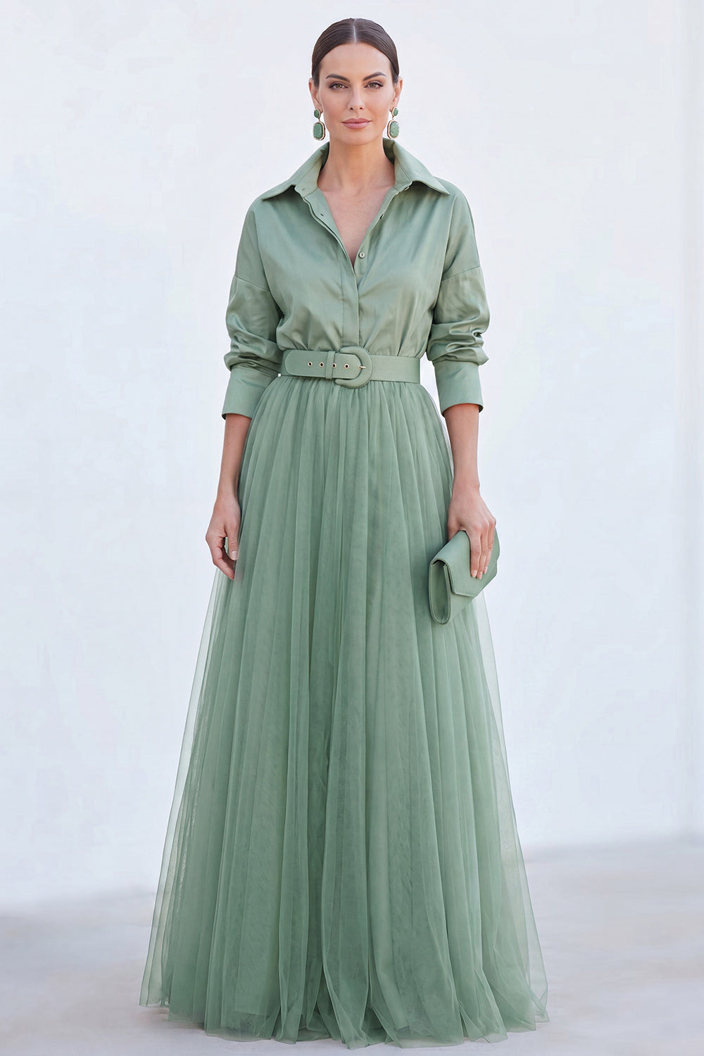 A-Line Gray Blue Tulle Long Mother Of the Bride Dress with Belt