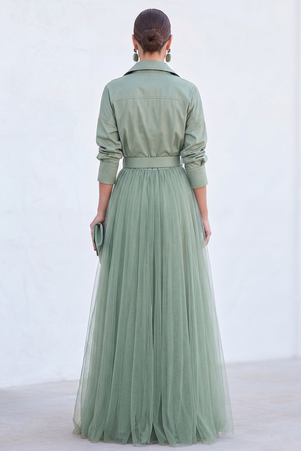 A-Line Gray Blue Tulle Long Mother Of the Bride Dress with Belt