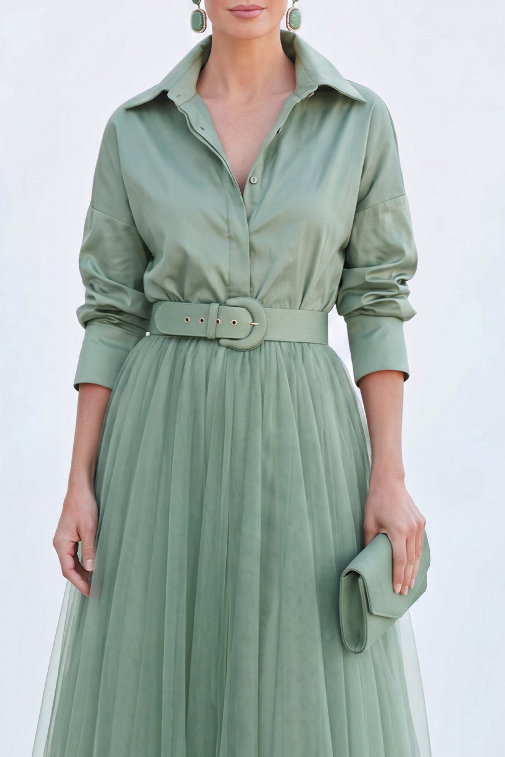 A-Line Gray Blue Tulle Long Mother Of the Bride Dress with Belt
