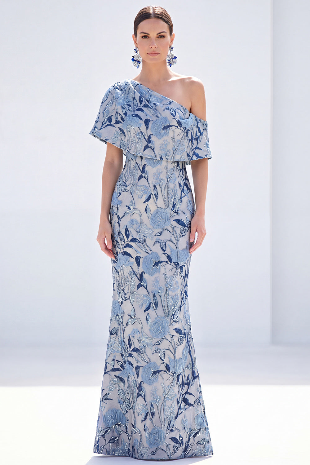 Robe longue jaune sirène asymétrique à fleurs pour mère de la mariée