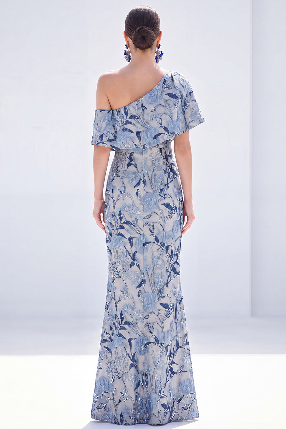 Robe longue jaune sirène asymétrique à fleurs pour mère de la mariée