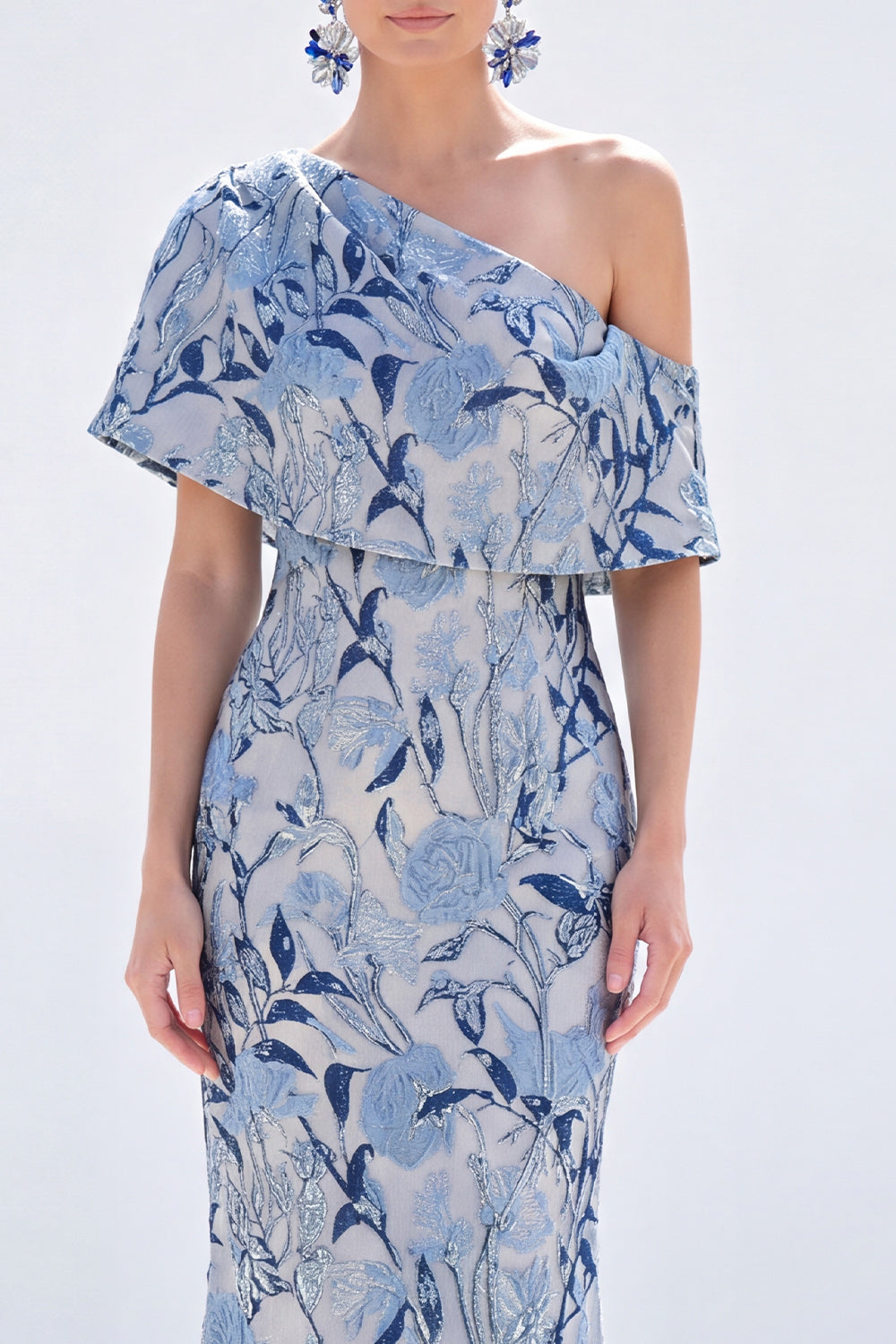 Robe longue jaune sirène asymétrique à fleurs pour mère de la mariée