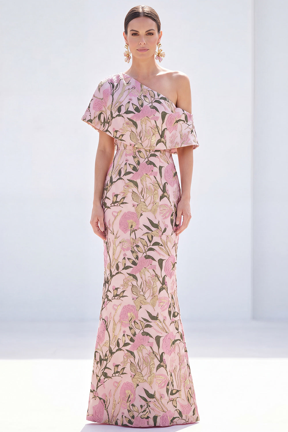 Robe longue jaune sirène asymétrique à fleurs pour mère de la mariée