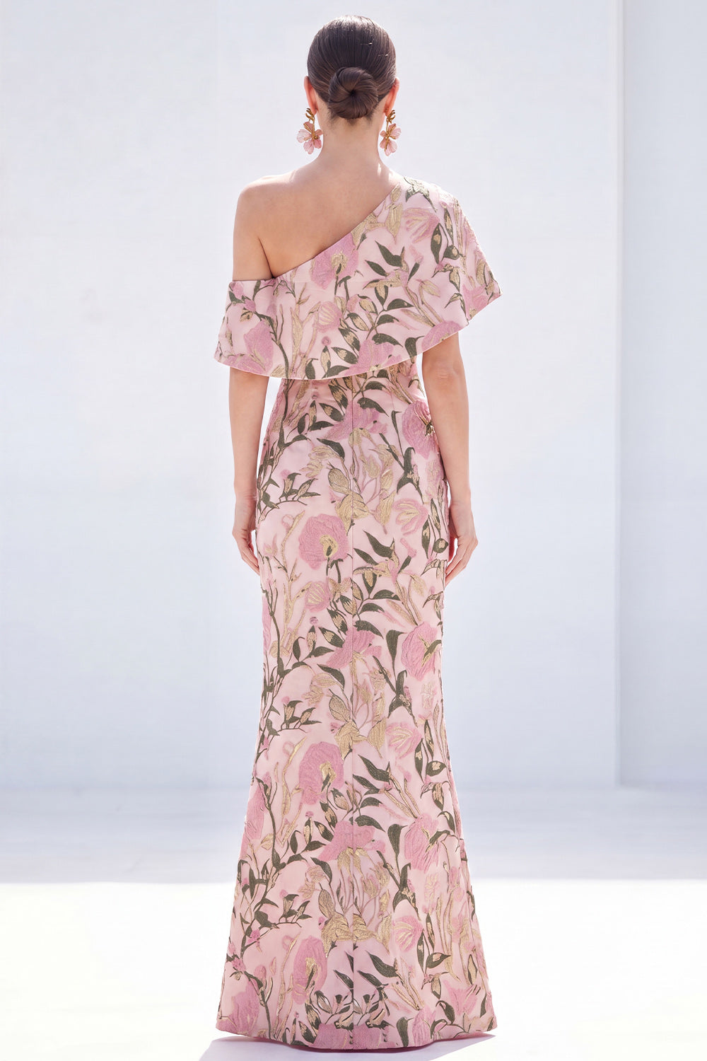 Robe longue jaune sirène asymétrique à fleurs pour mère de la mariée