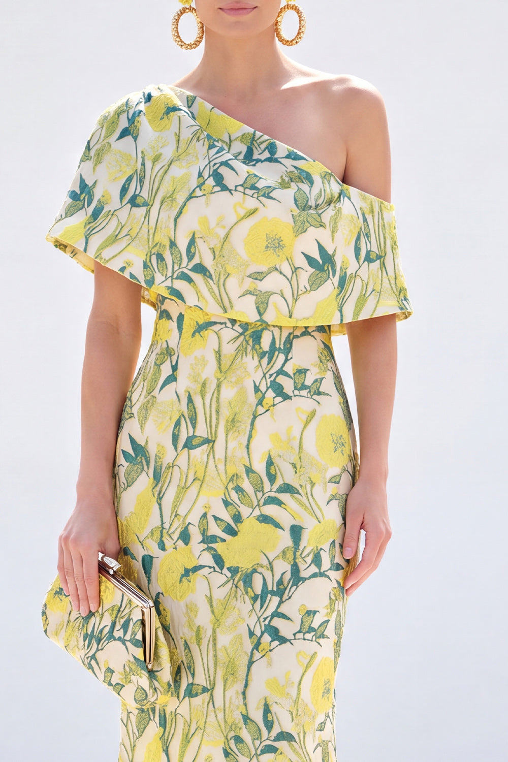 Robe longue jaune sirène asymétrique à fleurs pour mère de la mariée