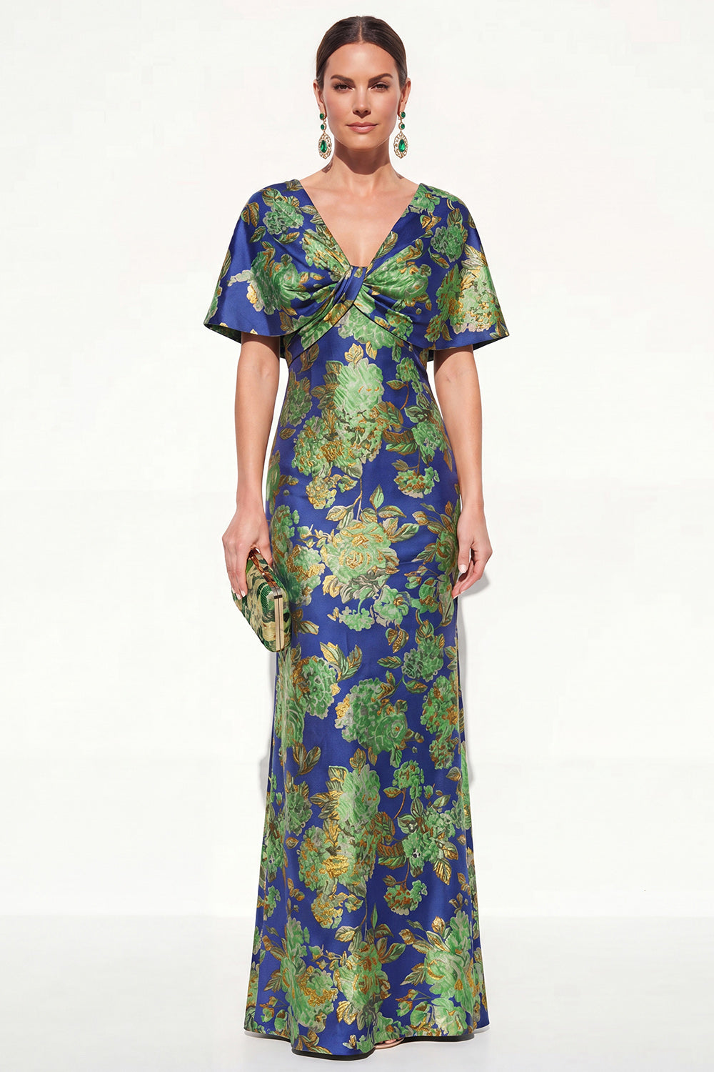 Pink Blue Mermaid V-Neck Jacquard Floral Long Mother Of the Bride Dress