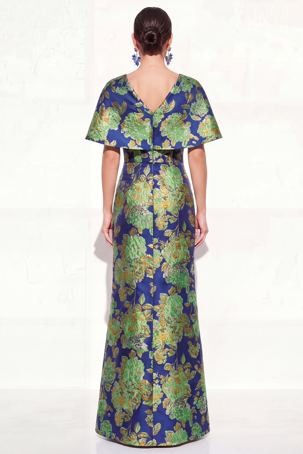 Pink Blue Mermaid V-Neck Jacquard Floral Long Mother Of the Bride Dress